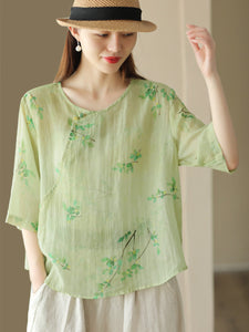 Women Summer Vintage Flower Slant Closure Ramie Shirt