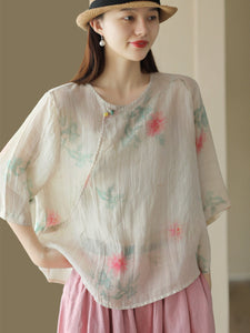 Women Summer Vintage Flower Slant Closure Ramie Shirt