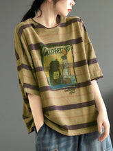 Load image into Gallery viewer, Women Summer Casual Stripe Cartoon Print Cotton Shirt