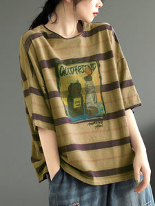 Women Summer Casual Stripe Cartoon Print Cotton Shirt