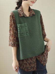 Women Casual Knitted Embroidery Patch Vest