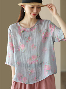 Women Summer Vintage Flower Slant Closure Ramie Shirt