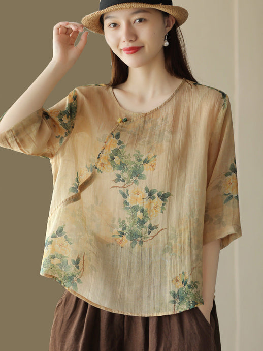 Women Summer Vintage Flower Slant Closure Ramie Shirt