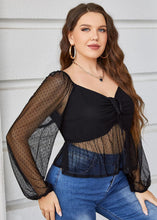 Load image into Gallery viewer, Sexy Black V Neck Drawstring Hollow Out Tulle Tops Long Sleeve