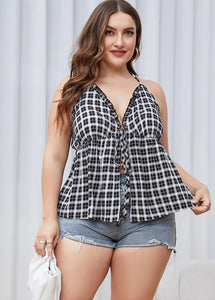 Sexy Black White Plaid V Neck Patchwork Cotton Top Summer