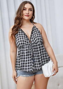 Sexy Black White Plaid V Neck Patchwork Cotton Top Summer