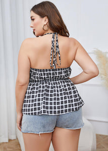 Sexy Black White Plaid V Neck Patchwork Cotton Top Summer