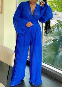 Sexy Blue V Neck Tops And Wide Leg Pants Chiffon Two Piece Set Fall