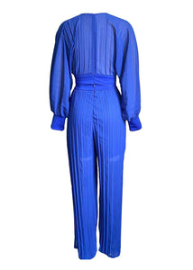 Sexy Blue V Neck Tops And Wide Leg Pants Chiffon Two Piece Set Fall