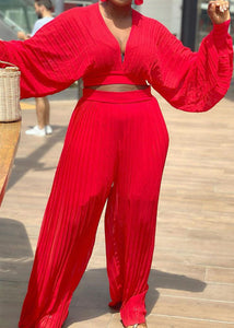 Sexy Red V Neck Wrinkled Chiffon Tops And Wide Leg Pants Two Piece Suit Fall