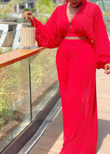 Load image into Gallery viewer, Sexy Red V Neck Wrinkled Chiffon Tops And Wide Leg Pants Two Piece Suit Fall