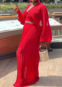 Sexy Red V Neck Wrinkled Chiffon Tops And Wide Leg Pants Two Piece Suit Fall