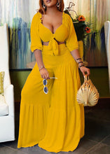 Load image into Gallery viewer, Sexy Yellow Ruffled Lace Up Chiffon Tops And Wide Leg PantsTwo Piece Set Half Sleeve