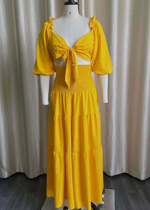 Sexy Yellow Ruffled Lace Up Chiffon Tops And Wide Leg PantsTwo Piece Set Half Sleeve