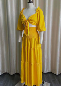 Sexy Yellow Ruffled Lace Up Chiffon Tops And Wide Leg PantsTwo Piece Set Half Sleeve