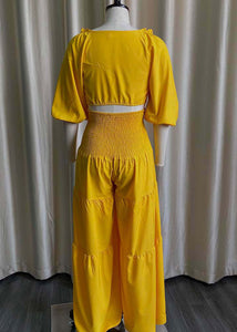 Sexy Yellow Ruffled Lace Up Chiffon Tops And Wide Leg PantsTwo Piece Set Half Sleeve