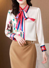 Load image into Gallery viewer, Simple Apricot Bow Print Patchwork Silk Blouse Top Spring