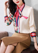 Load image into Gallery viewer, Simple Apricot Bow Print Patchwork Silk Blouse Top Spring