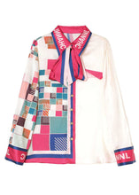 Load image into Gallery viewer, Simple Apricot Bow Print Patchwork Silk Blouse Top Spring