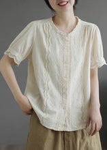 Load image into Gallery viewer, Simple Apricot O-Neck Lace Patchwork Cotton Shirt Top Summer