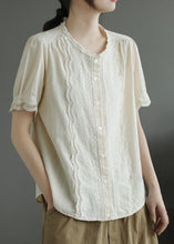 Load image into Gallery viewer, Simple Apricot O-Neck Lace Patchwork Cotton Shirt Top Summer