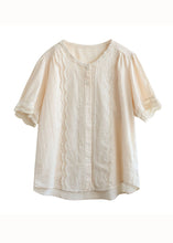 Load image into Gallery viewer, Simple Apricot O-Neck Lace Patchwork Cotton Shirt Top Summer