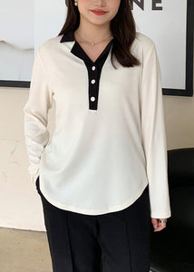 Simple Apricot Peter Pan Collar Patchwork Plus Size Cotton Shirt Fall