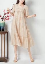 Load image into Gallery viewer, Simple Beige O-Neck Patchwork Wrinkled Linen Silk Long Dress Summer
