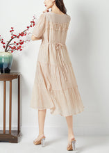 Load image into Gallery viewer, Simple Beige O-Neck Patchwork Wrinkled Linen Silk Long Dress Summer