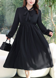 Simple Black Lace Up Wrinkled Patchwork Chiffon Dress Flare Sleeve