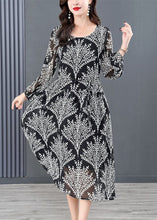 Load image into Gallery viewer, Simple Black O-Neck Print Chiffon A Line Dresses Long Sleeve