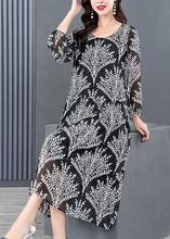 Load image into Gallery viewer, Simple Black O-Neck Print Chiffon A Line Dresses Long Sleeve