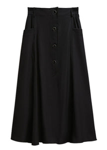 Simple Black Pockets High Waist Patchwork Cotton Skirts Fall