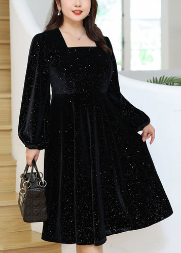 Simple Black Square Collar Sequins Velour Dresses Fall