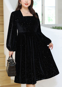 Simple Black Square Collar Sequins Velour Dresses Fall