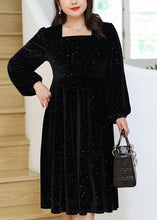 Load image into Gallery viewer, Simple Black Square Collar Sequins Velour Dresses Fall