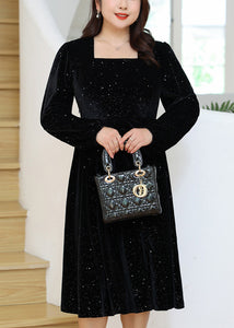 Simple Black Square Collar Sequins Velour Dresses Fall