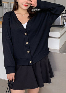 Simple Black V Neck Button Patchwork Knitting Cardigan Fall