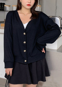 Simple Black V Neck Button Patchwork Knitting Cardigan Fall