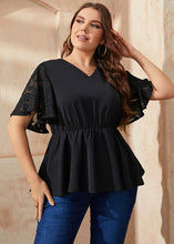 Load image into Gallery viewer, Simple Black V Neck Tulle Patchwork Elastic Waist Solid Chiffon Shirts Summer