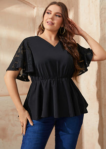 Simple Black V Neck Tulle Patchwork Elastic Waist Solid Chiffon Shirts Summer