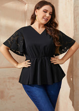 Load image into Gallery viewer, Simple Black V Neck Tulle Patchwork Elastic Waist Solid Chiffon Shirts Summer