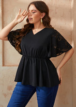 Load image into Gallery viewer, Simple Black V Neck Tulle Patchwork Elastic Waist Solid Chiffon Shirts Summer