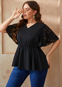 Simple Black V Neck Tulle Patchwork Elastic Waist Solid Chiffon Shirts Summer