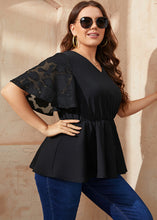 Load image into Gallery viewer, Simple Black V Neck Tulle Patchwork Elastic Waist Solid Chiffon Shirts Summer