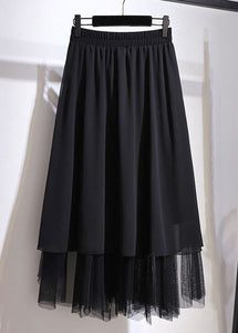 Simple Black Wrinkled Elastic Waist Patchwork Tulle Skirts Summer