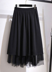 Simple Black Wrinkled Elastic Waist Patchwork Tulle Skirts Summer