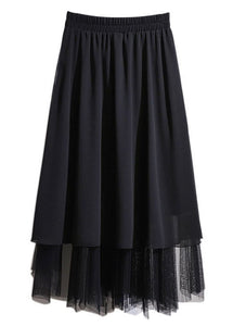 Simple Black Wrinkled Elastic Waist Patchwork Tulle Skirts Summer