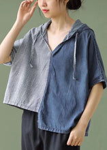 Load image into Gallery viewer, Simple Blue Hooded Asymmetrical Design Patchwork Denim T Shirt Top Summer