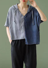 Load image into Gallery viewer, Simple Blue Hooded Asymmetrical Design Patchwork Denim T Shirt Top Summer